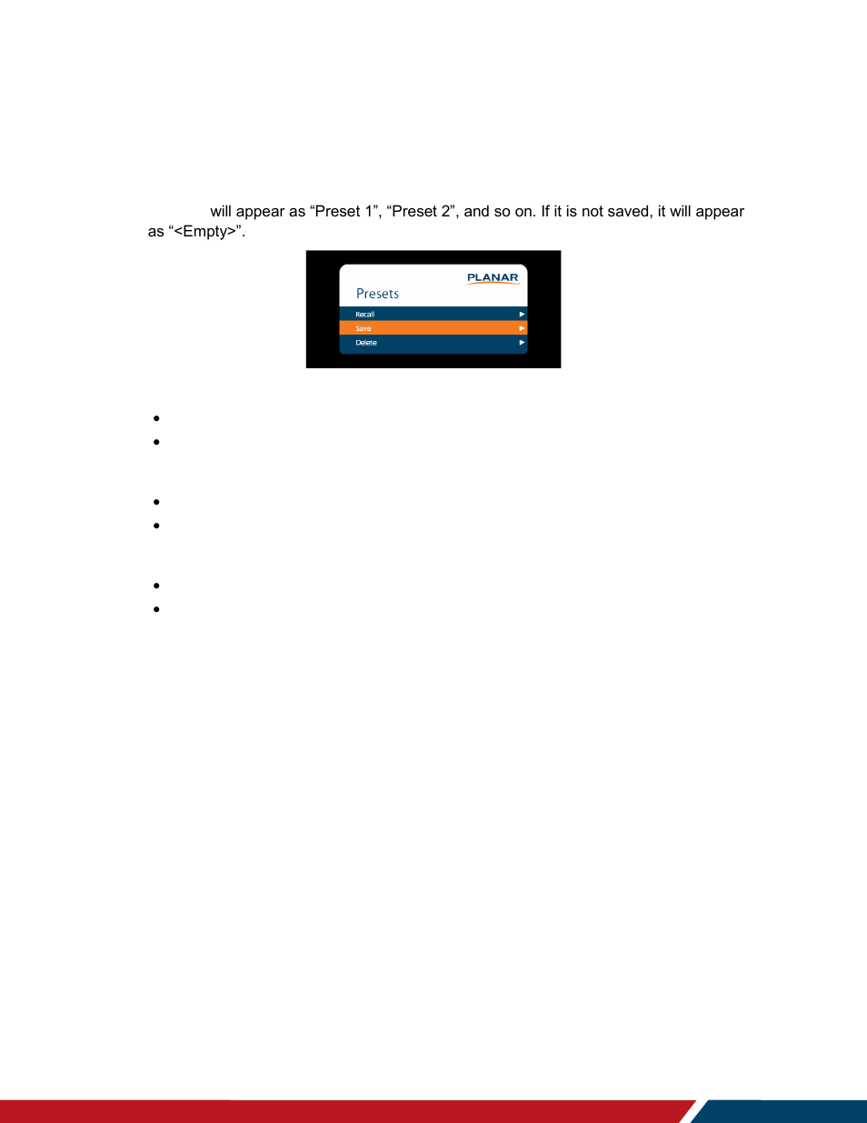 Presets menu | Planar Systems LO552 55" Full HD Transparent OLED Commercial Monitor User Manual | Page 38 / 72