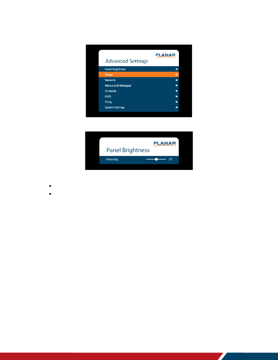 Advanced settings menu, Panel brightness submenu, 1 panel brightness submenu | Planar Systems LO552 55" Full HD Transparent OLED Commercial Monitor User Manual | Page 39 / 72