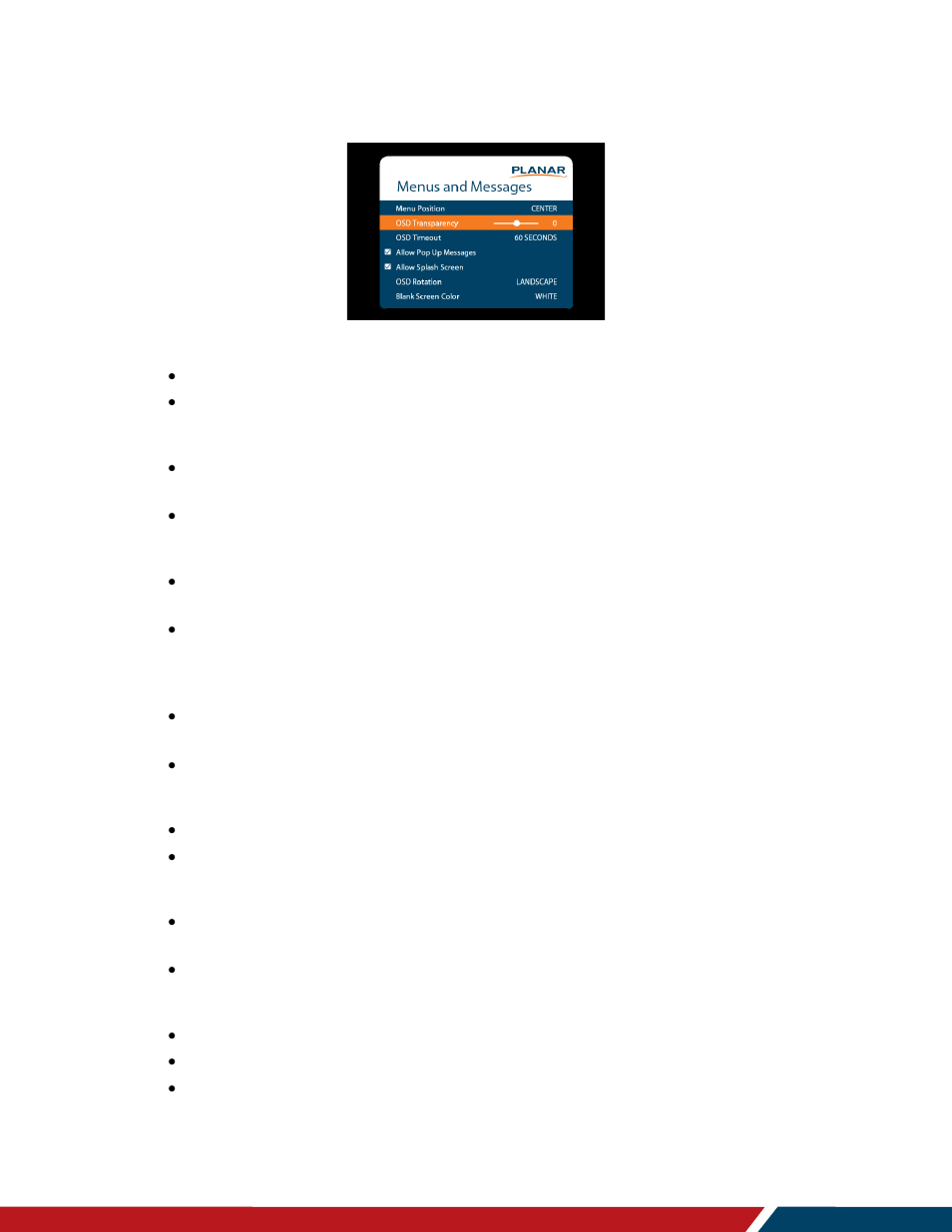 Menus and messages submenu, 4 menus and messages submenu | Planar Systems LO552 55" Full HD Transparent OLED Commercial Monitor User Manual | Page 42 / 72