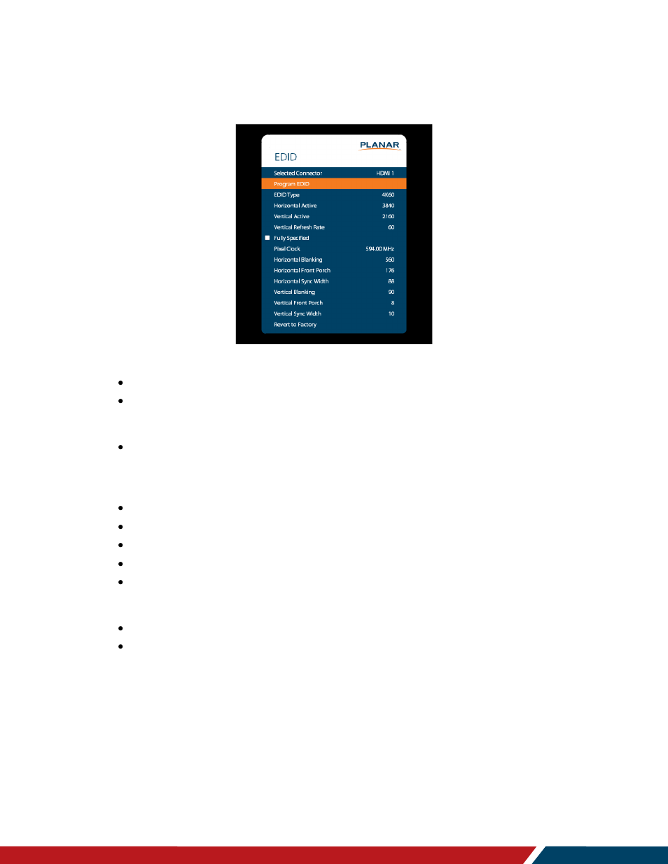 Edid submenu, 6 edid submenu | Planar Systems LO552 55" Full HD Transparent OLED Commercial Monitor User Manual | Page 45 / 72