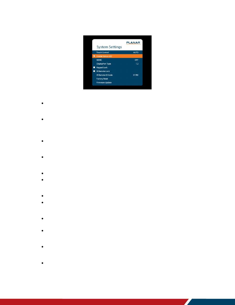 System settings submenu, 2 system settings submenu | Planar Systems LO552 55" Full HD Transparent OLED Commercial Monitor User Manual | Page 50 / 72