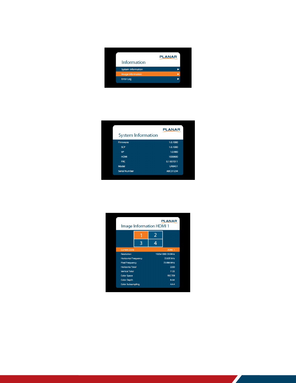 Information menu, System information submenu, Image information submenu | 1 system information submenu, 2 image information submenu | Planar Systems LO552 55" Full HD Transparent OLED Commercial Monitor User Manual | Page 55 / 72