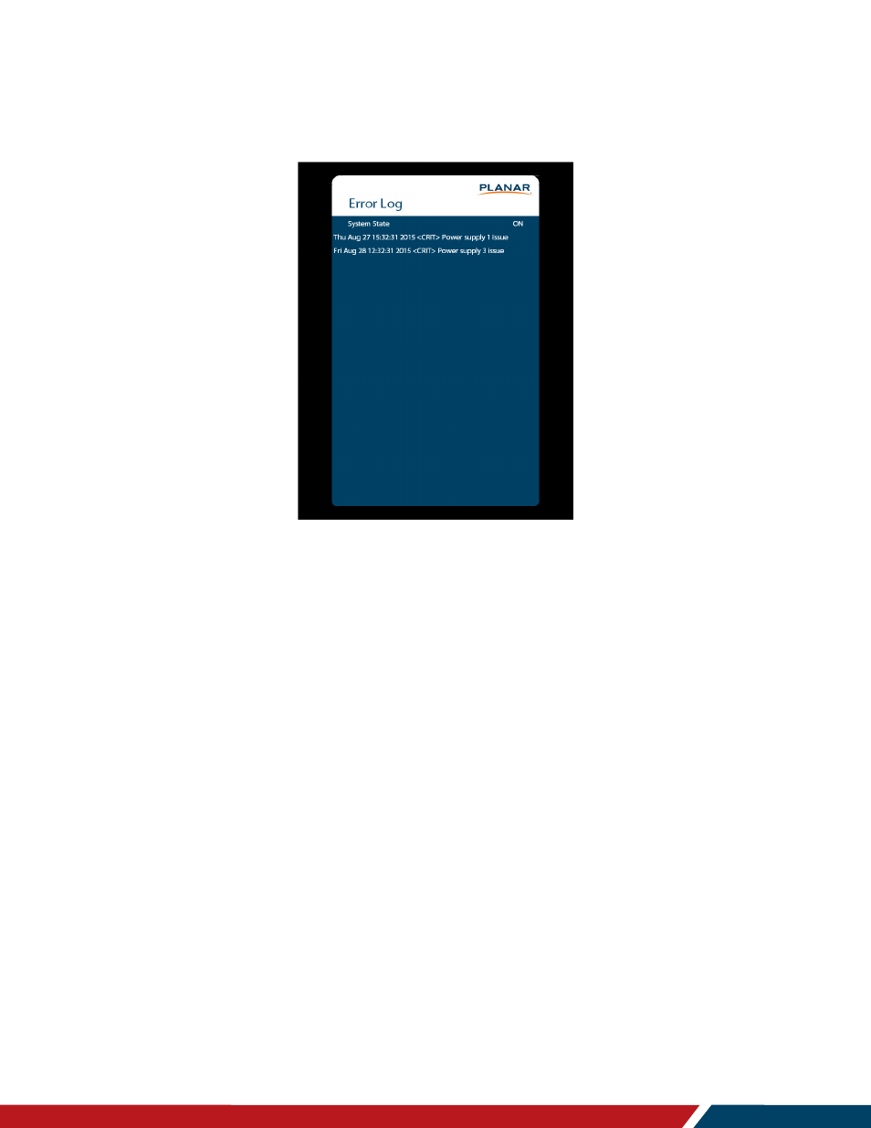 Error log submenu | Planar Systems LO552 55" Full HD Transparent OLED Commercial Monitor User Manual | Page 56 / 72