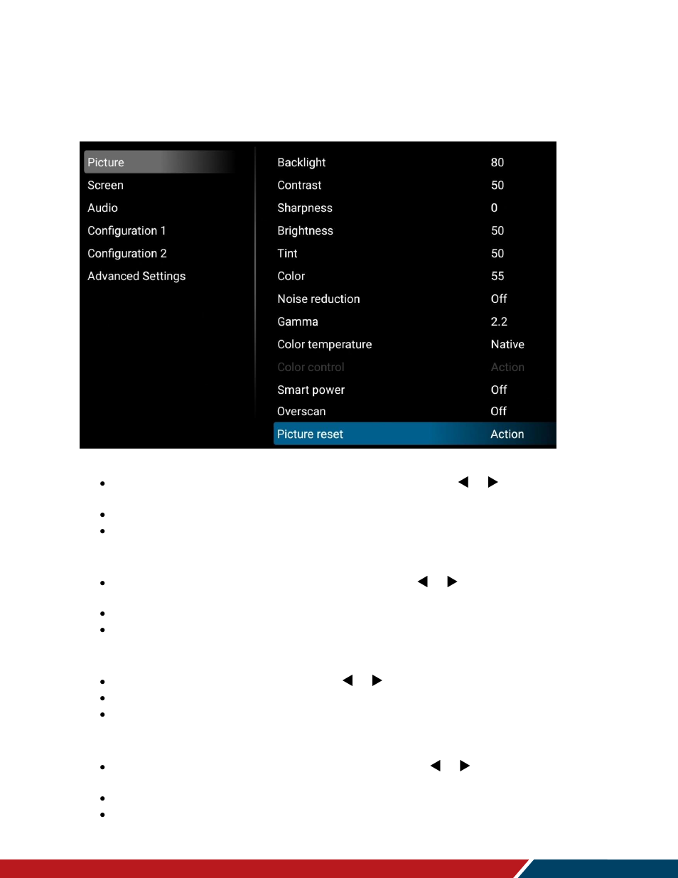 Osd main menu, Picture, 1 picture | Planar Systems Simplicity Series SLM50 50" UHD 4K Commercial Monitor User Manual | Page 40 / 104