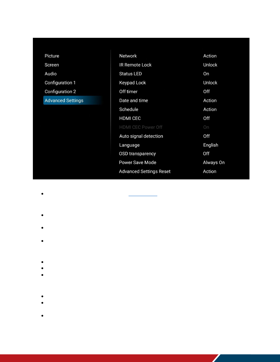 Advanced settings, 6 advanced settings | Planar Systems Simplicity Series SLM50 50" UHD 4K Commercial Monitor User Manual | Page 52 / 104