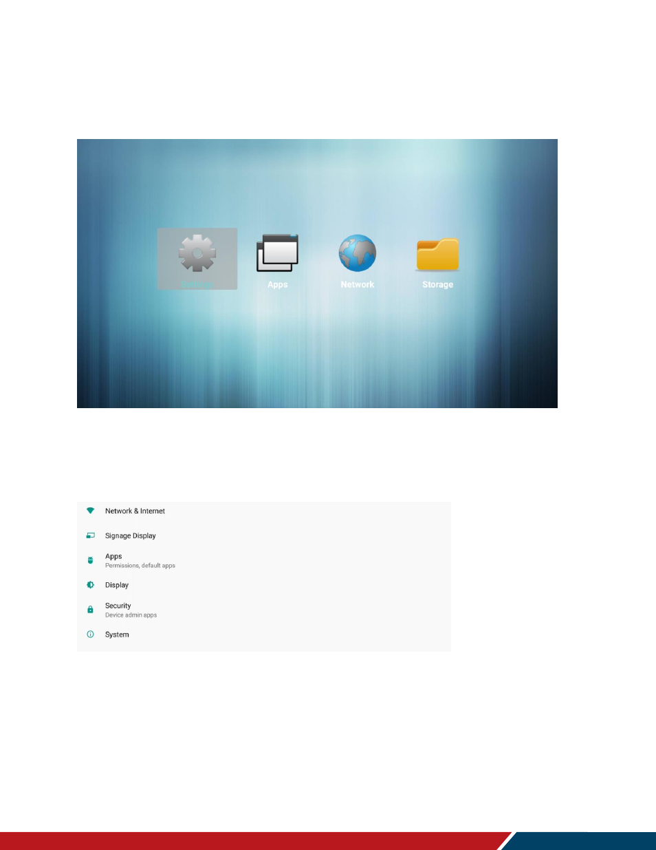 Osd android settings menu, Android main menu, Settings | 1 android main menu, 2 settings | Planar Systems Simplicity Series SLM50 50" UHD 4K Commercial Monitor User Manual | Page 58 / 104