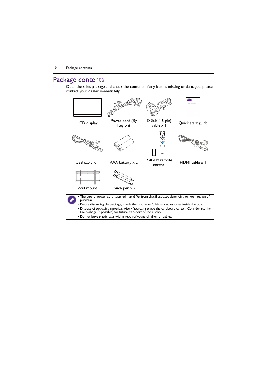 Package contents | BenQ RM8602K 86" Class 4K UHD Educational Touchscreen LED Display User Manual | Page 10 / 81