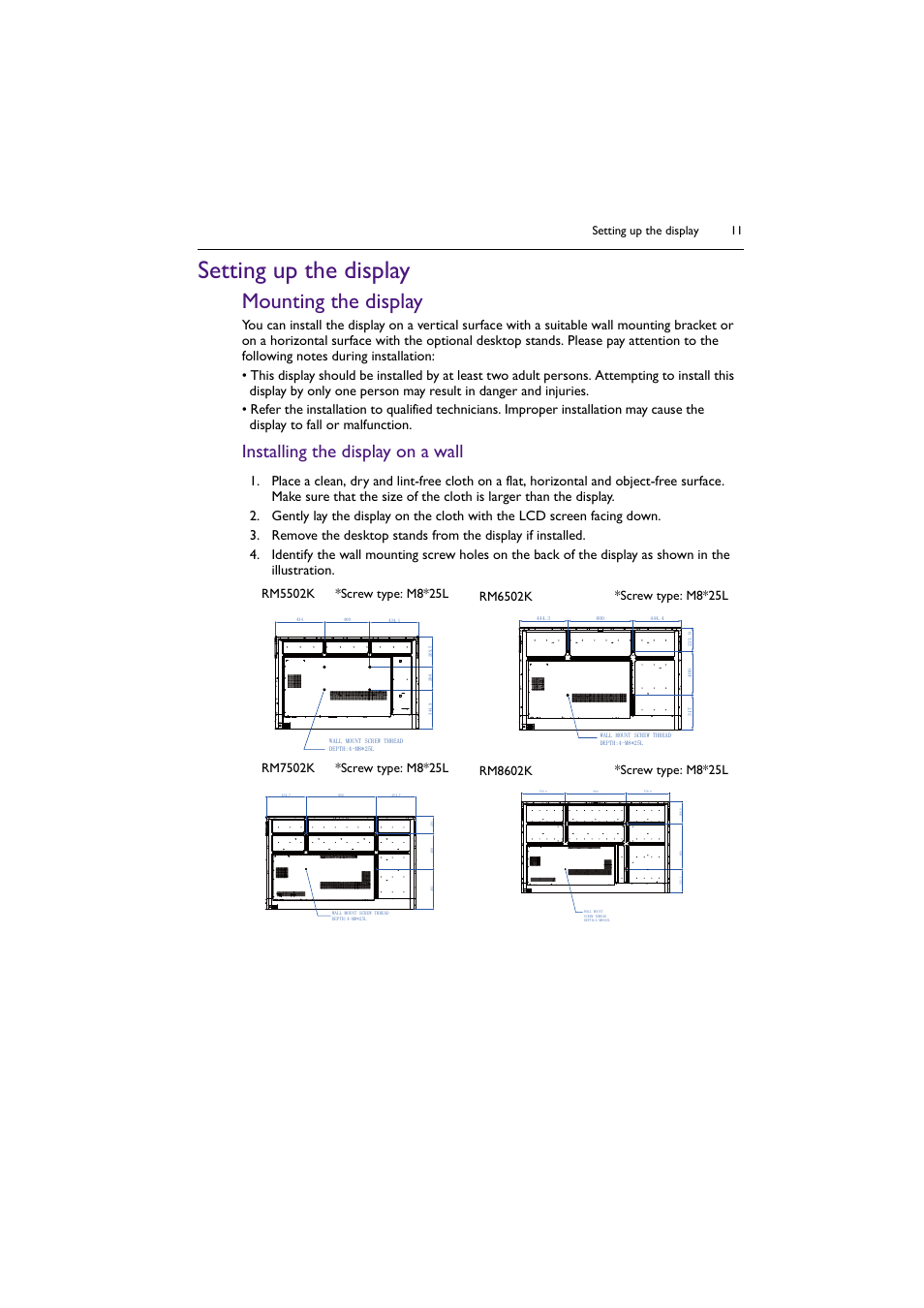 Setting up the display, Mounting the display, Installing the display on a wall | Setting up the display 11 | BenQ RM8602K 86" Class 4K UHD Educational Touchscreen LED Display User Manual | Page 11 / 81