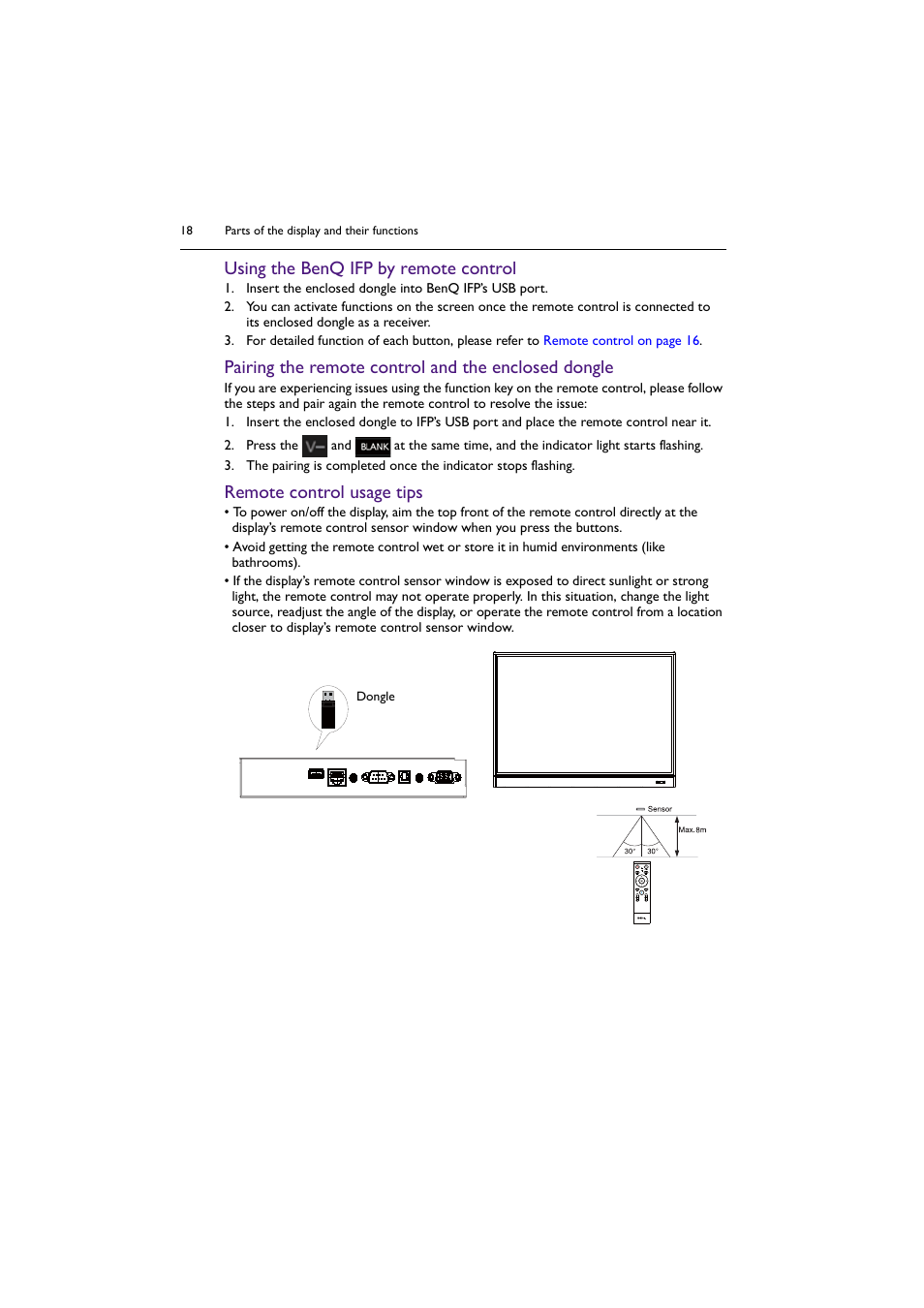 Using the benq ifp by remote control, Pairing the remote control and the enclosed dongle, Remote control usage tips | BenQ RM8602K 86" Class 4K UHD Educational Touchscreen LED Display User Manual | Page 18 / 81