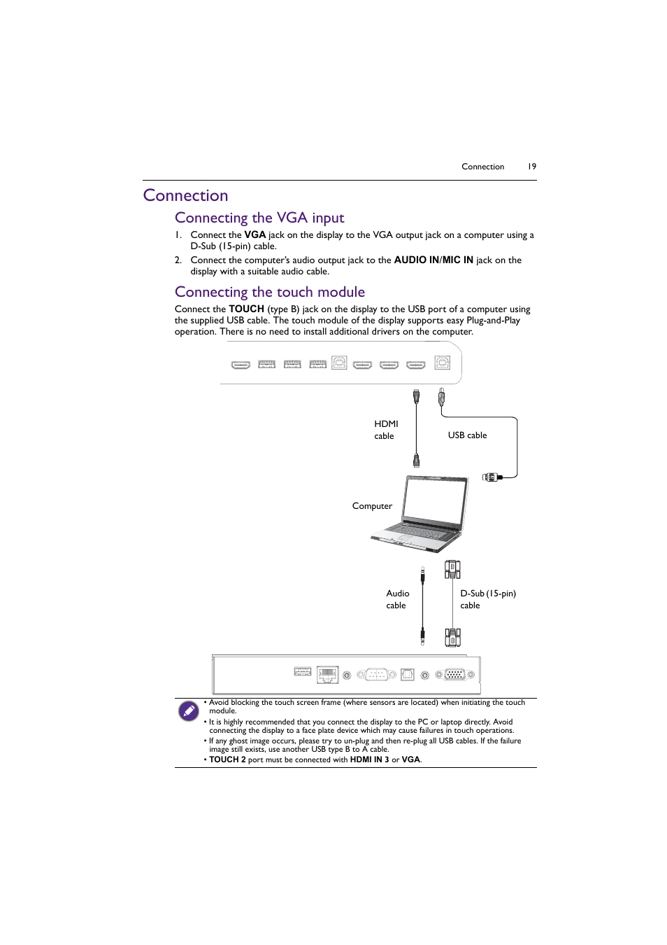 Connection, Connecting the vga input, Connecting the touch module | BenQ RM8602K 86" Class 4K UHD Educational Touchscreen LED Display User Manual | Page 19 / 81