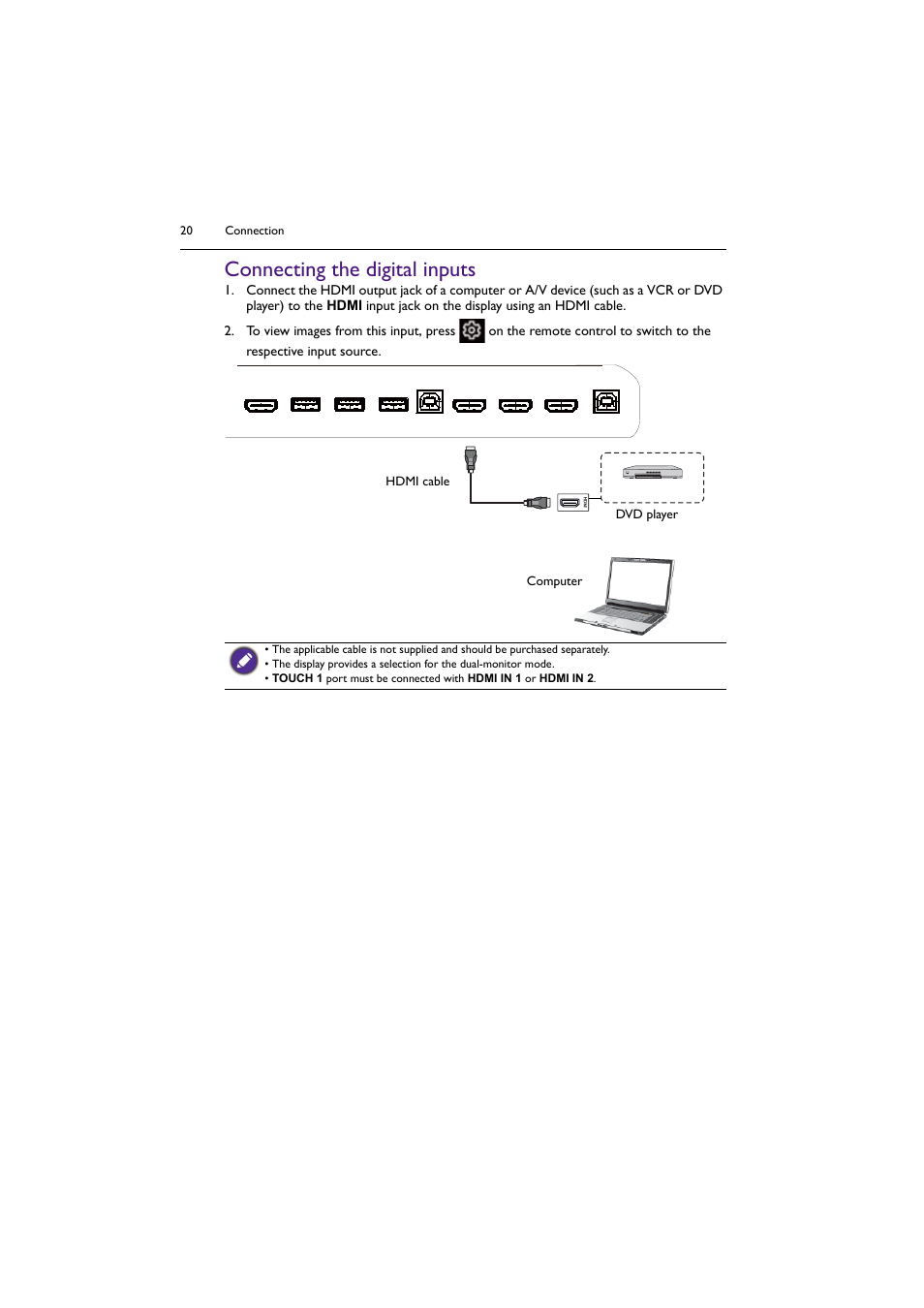 Connecting the digital inputs | BenQ RM8602K 86" Class 4K UHD Educational Touchscreen LED Display User Manual | Page 20 / 81