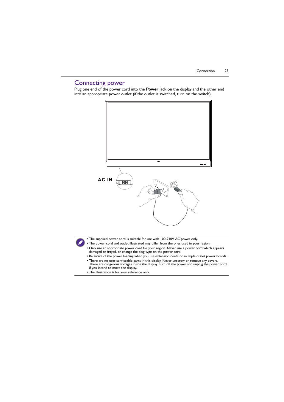 Connecting power | BenQ RM8602K 86" Class 4K UHD Educational Touchscreen LED Display User Manual | Page 23 / 81