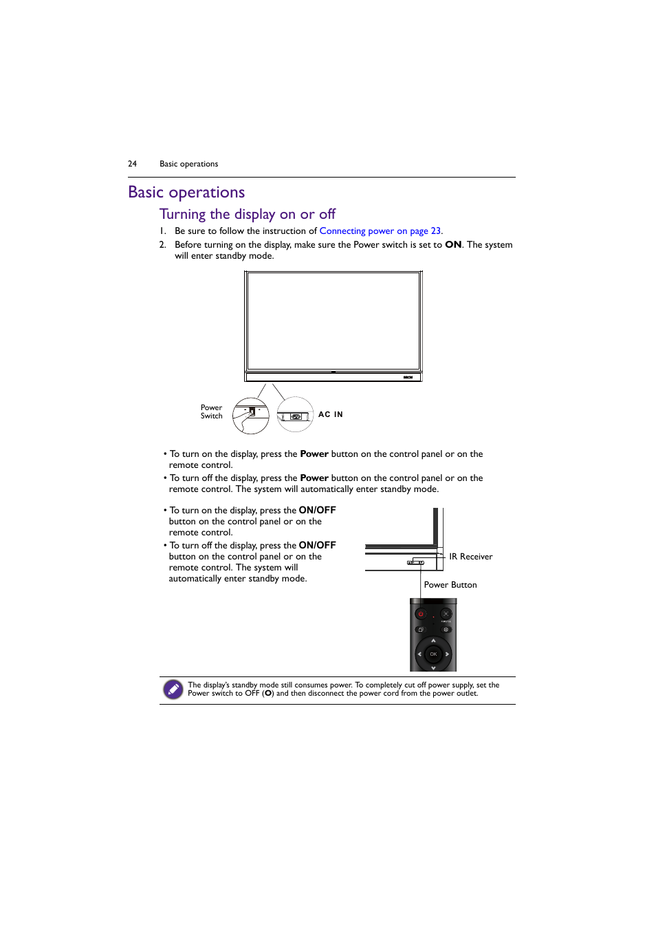 Basic operations, Turning the display on or off | BenQ RM8602K 86" Class 4K UHD Educational Touchscreen LED Display User Manual | Page 24 / 81