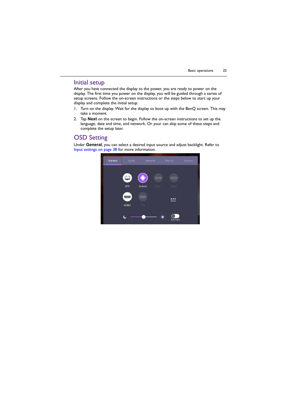 Initial setup, Osd setting, Initial setup osd setting | BenQ RM8602K 86" Class 4K UHD Educational Touchscreen LED Display User Manual | Page 25 / 81