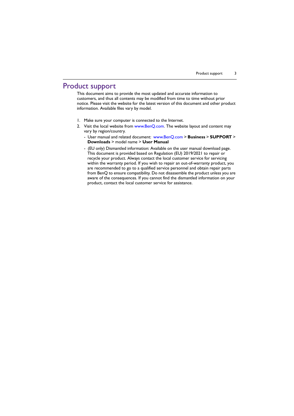 Product support | BenQ RM8602K 86" Class 4K UHD Educational Touchscreen LED Display User Manual | Page 3 / 81