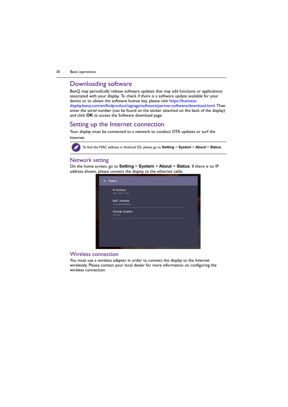 Downloading software, Setting up the internet connection, Network setting | Wireless connection | BenQ RM8602K 86" Class 4K UHD Educational Touchscreen LED Display User Manual | Page 30 / 81
