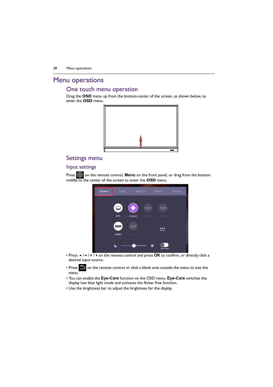 Menu operations, One touch menu operation, Settings menu | One touch menu operation settings menu, Input settings | BenQ RM8602K 86" Class 4K UHD Educational Touchscreen LED Display User Manual | Page 38 / 81