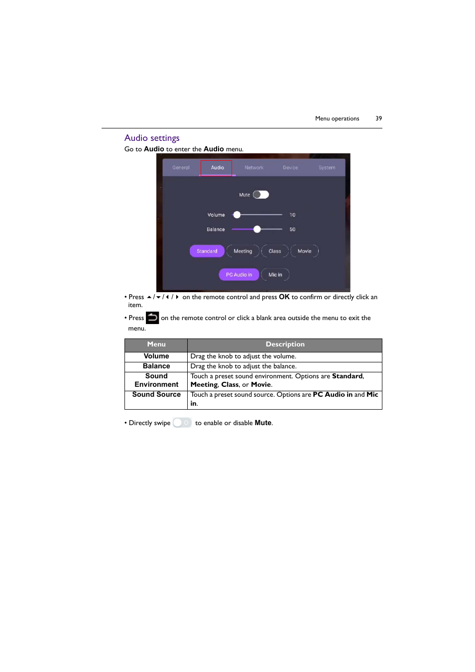 Audio settings | BenQ RM8602K 86" Class 4K UHD Educational Touchscreen LED Display User Manual | Page 39 / 81