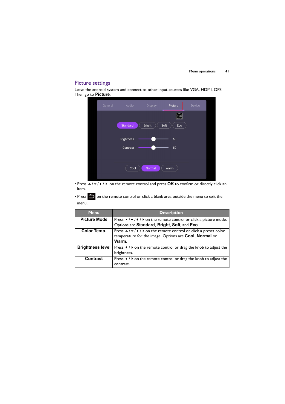 Picture settings | BenQ RM8602K 86" Class 4K UHD Educational Touchscreen LED Display User Manual | Page 41 / 81