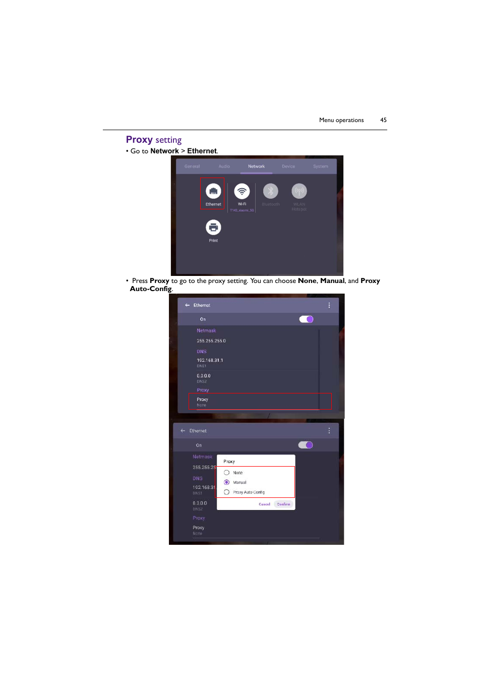 Proxy setting | BenQ RM8602K 86" Class 4K UHD Educational Touchscreen LED Display User Manual | Page 45 / 81