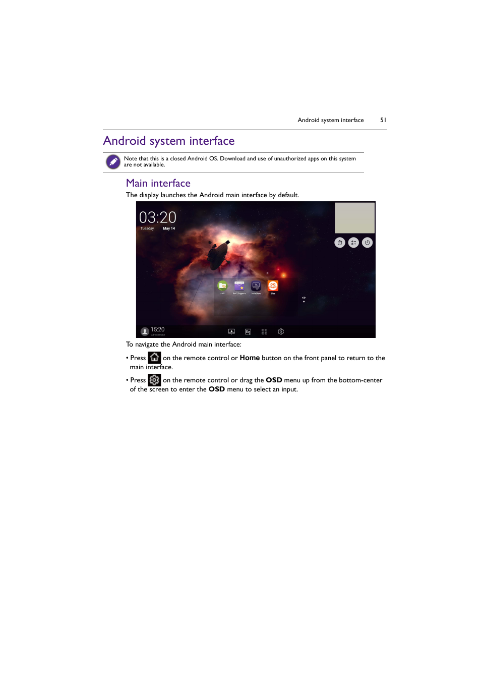 Android system interface, Main interface | BenQ RM8602K 86" Class 4K UHD Educational Touchscreen LED Display User Manual | Page 51 / 81