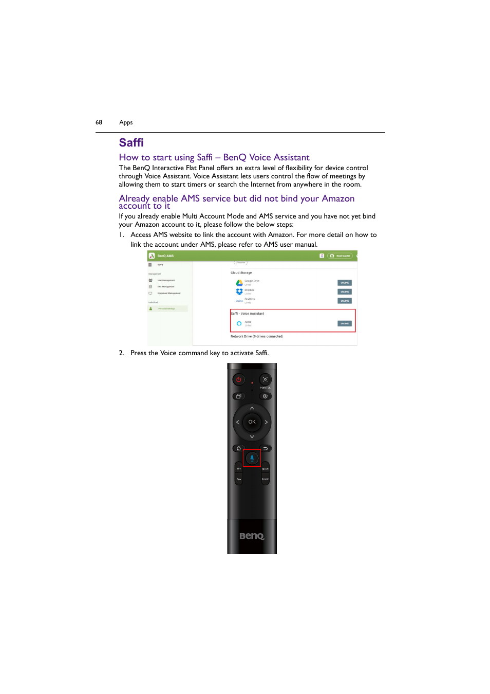 Saffi, How to start using saffi – benq voice assistant | BenQ RM8602K 86" Class 4K UHD Educational Touchscreen LED Display User Manual | Page 68 / 81