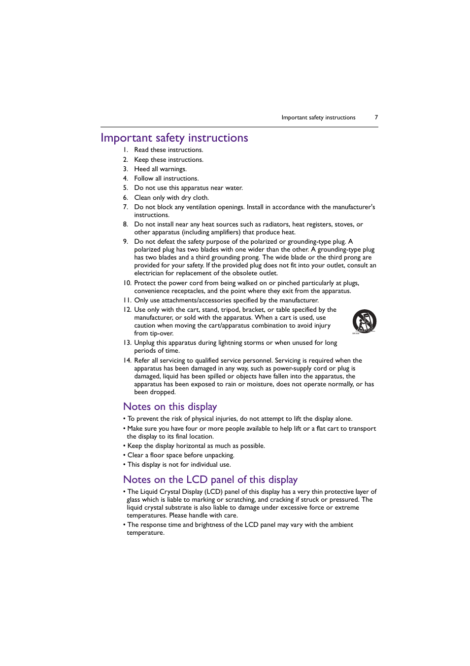 Important safety instructions, Notes on this display, Notes on the lcd panel of this display | BenQ RM8602K 86" Class 4K UHD Educational Touchscreen LED Display User Manual | Page 7 / 81