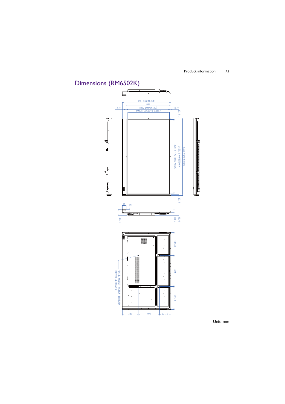Dimensions (rm6502k), Unit: mm, Product information 73 | BenQ RM8602K 86" Class 4K UHD Educational Touchscreen LED Display User Manual | Page 73 / 81