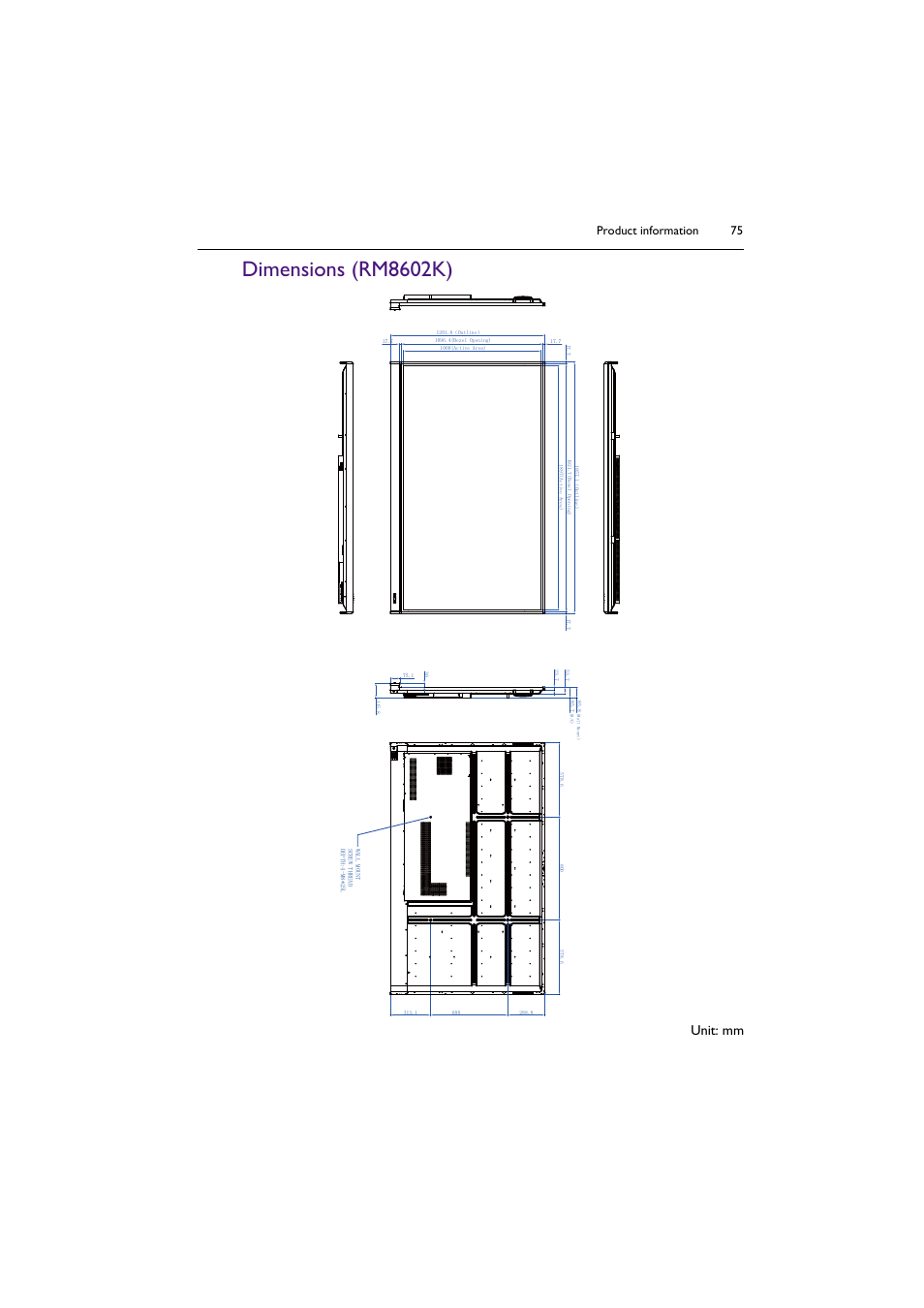 Dimensions (rm8602k), Unit: mm, Product information 75 | BenQ RM8602K 86" Class 4K UHD Educational Touchscreen LED Display User Manual | Page 75 / 81