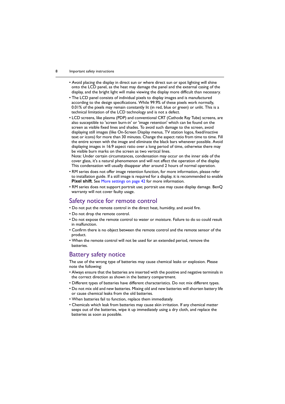 Safety notice for remote control, Battery safety notice | BenQ RM8602K 86" Class 4K UHD Educational Touchscreen LED Display User Manual | Page 8 / 81