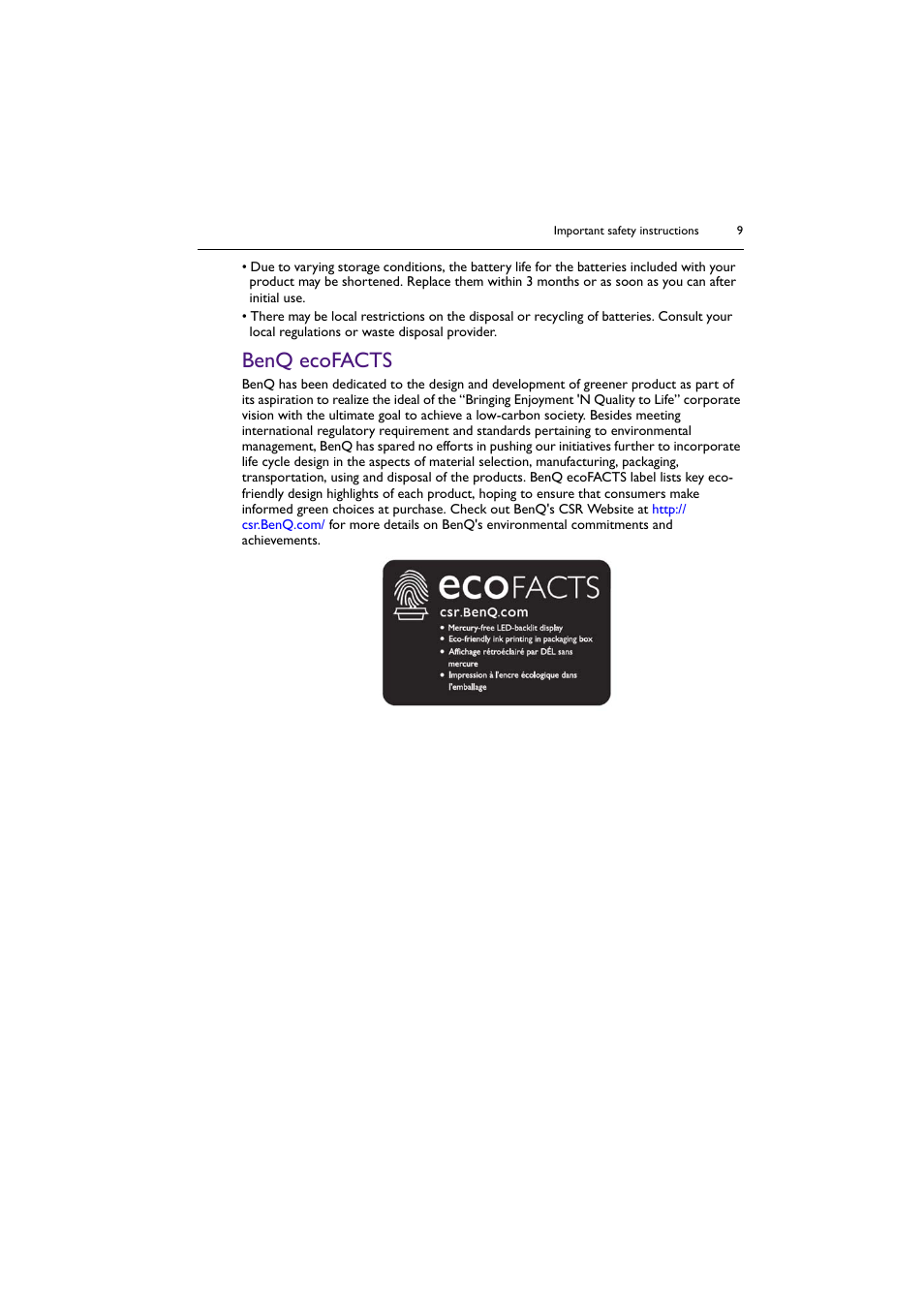 Benq ecofacts | BenQ RM8602K 86" Class 4K UHD Educational Touchscreen LED Display User Manual | Page 9 / 81