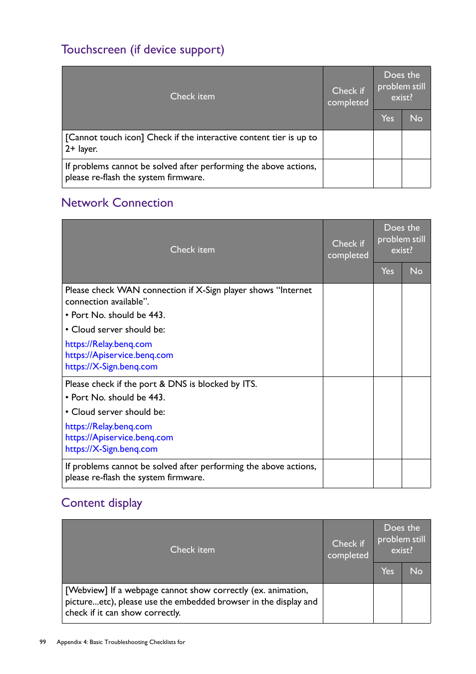 Touchscreen (if device support), Network connection, Content display | Touchscreen (if device, Support) | BenQ RM8602K 86" Class 4K UHD Educational Touchscreen LED Display User Manual | Page 104 / 107