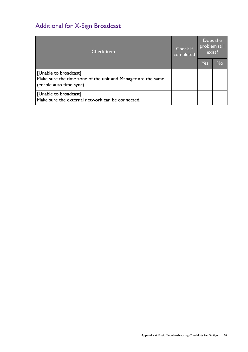 Additional for x-sign broadcast | BenQ RM8602K 86" Class 4K UHD Educational Touchscreen LED Display User Manual | Page 107 / 107