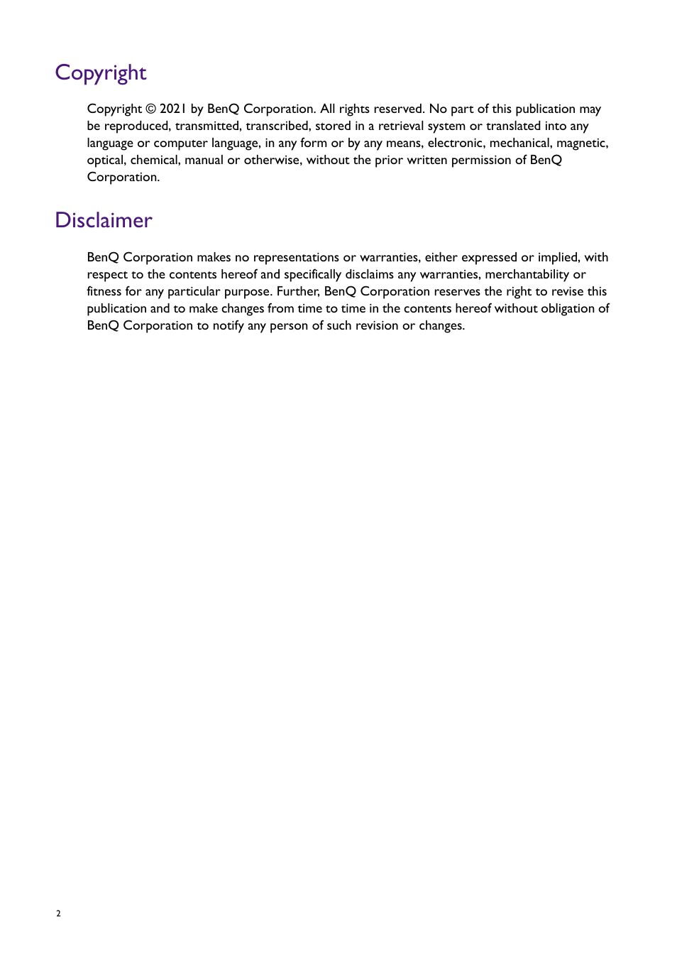 Copyright, Disclaimer | BenQ RM8602K 86" Class 4K UHD Educational Touchscreen LED Display User Manual | Page 2 / 107