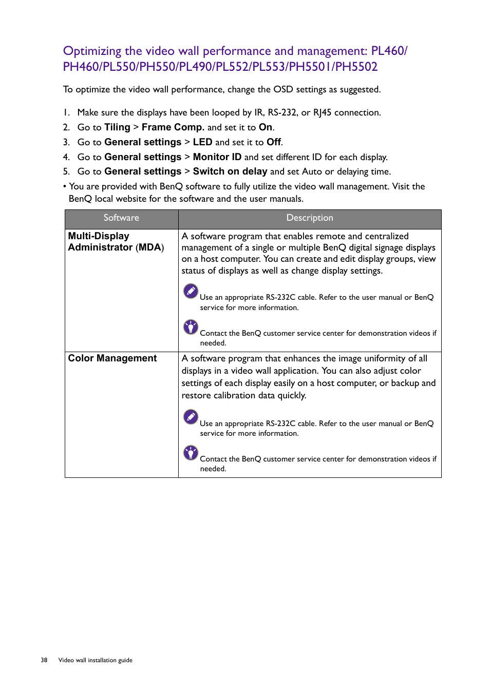 Optimizing the, Video wall performance and management: pl460, Ph460/pl550/ph550/pl490/pl552/pl553/ph5501 | BenQ RM8602K 86" Class 4K UHD Educational Touchscreen LED Display User Manual | Page 38 / 107