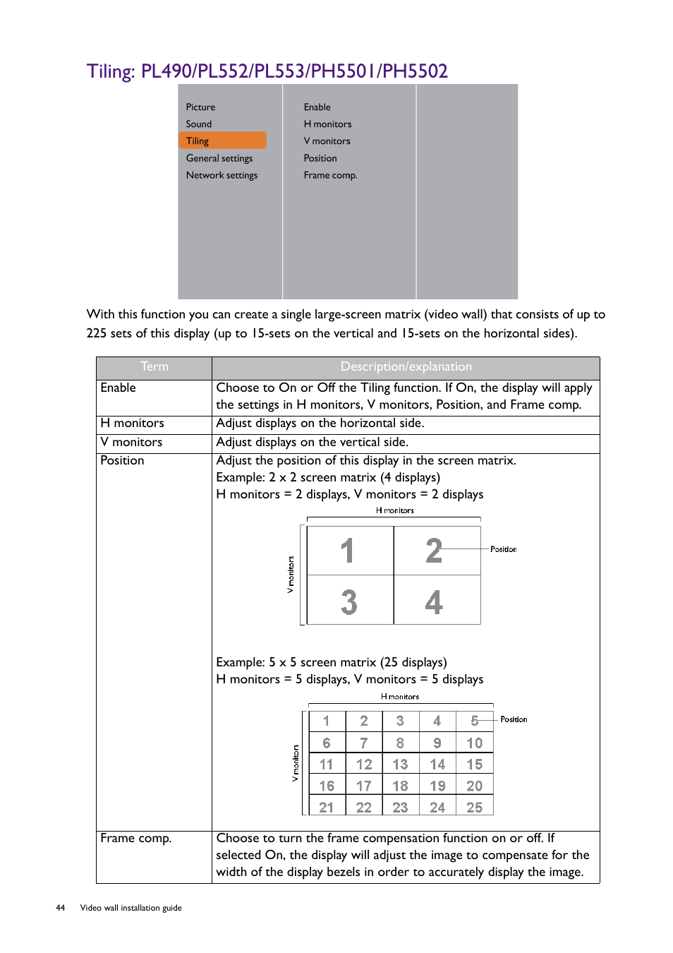Tiling: pl490/pl552/pl553/ph5501/ph5502 | BenQ RM8602K 86" Class 4K UHD Educational Touchscreen LED Display User Manual | Page 44 / 107