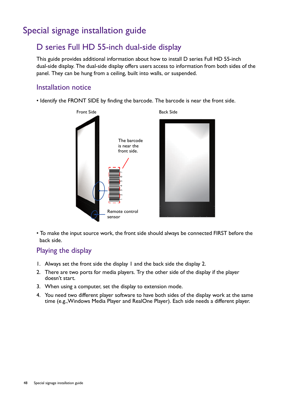 Special signage installation guide, D series full hd 55-inch dual-side display, Installation notice | Playing the display | BenQ RM8602K 86" Class 4K UHD Educational Touchscreen LED Display User Manual | Page 48 / 107