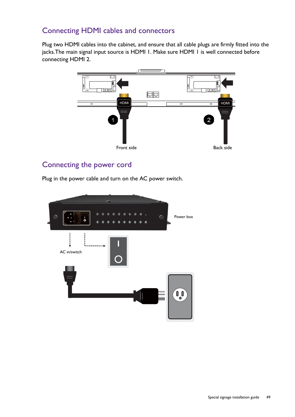 Connecting the power cord, Connecting hdmi cables and connectors | BenQ RM8602K 86" Class 4K UHD Educational Touchscreen LED Display User Manual | Page 49 / 107