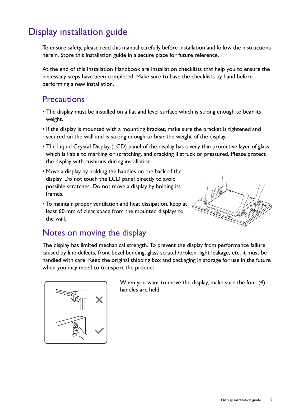 Display installation guide, Precautions, Notes on moving the display | Precautions notes on moving the display | BenQ RM8602K 86" Class 4K UHD Educational Touchscreen LED Display User Manual | Page 5 / 107