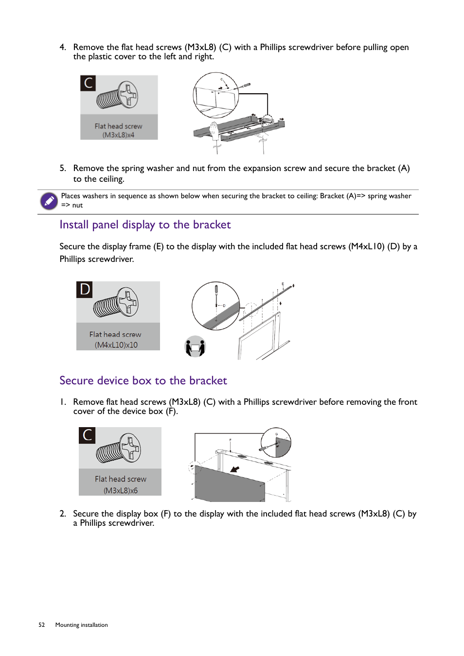 Install panel display to the bracket, Secure device box to the bracket | BenQ RM8602K 86" Class 4K UHD Educational Touchscreen LED Display User Manual | Page 52 / 107