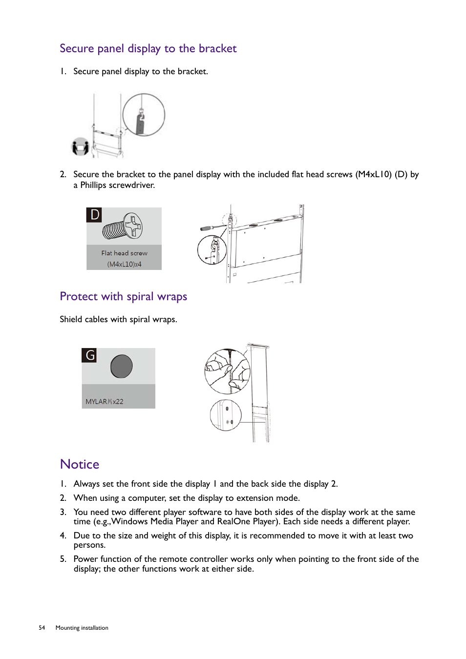 Protect with spiral wraps, Notice, Secure panel display to the bracket | BenQ RM8602K 86" Class 4K UHD Educational Touchscreen LED Display User Manual | Page 54 / 107