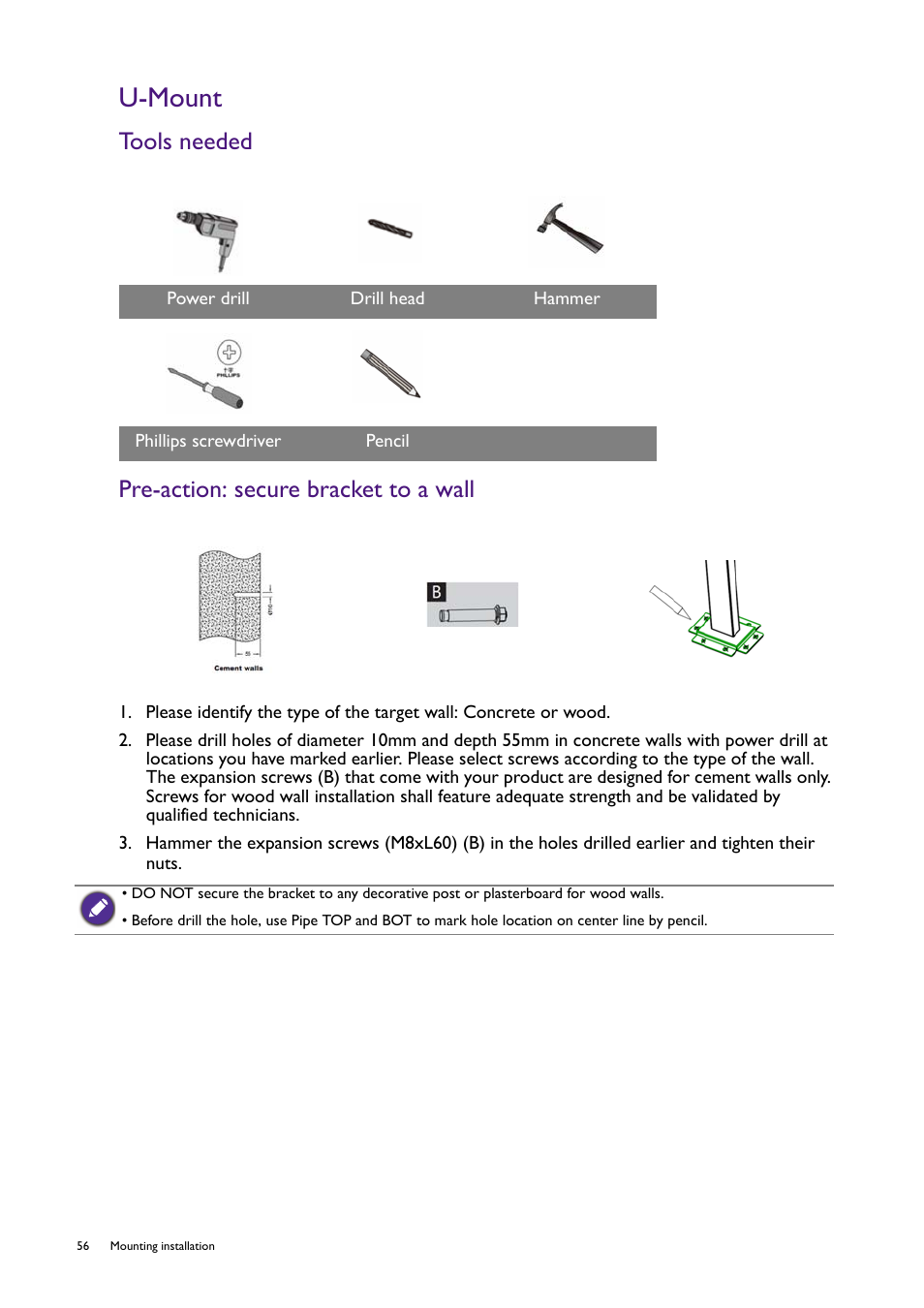 U-mount, Tools needed, Pre-action: secure bracket to a wall | Tools needed pre-action: secure bracket to a wall | BenQ RM8602K 86" Class 4K UHD Educational Touchscreen LED Display User Manual | Page 56 / 107