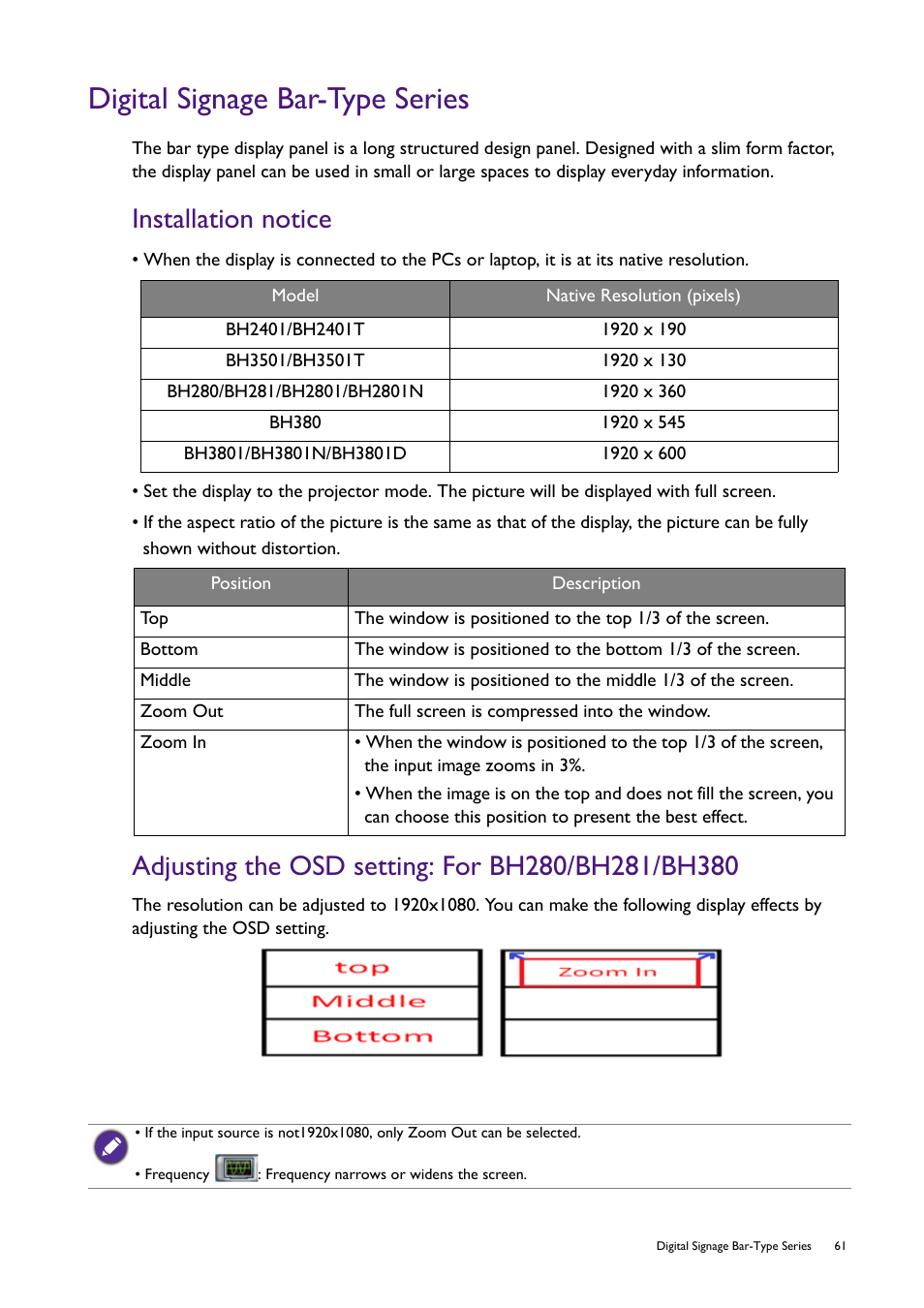 Digital signage bar-type series, Installation notice, Adjusting the osd setting: for bh280/bh281/bh380 | BenQ RM8602K 86" Class 4K UHD Educational Touchscreen LED Display User Manual | Page 61 / 107