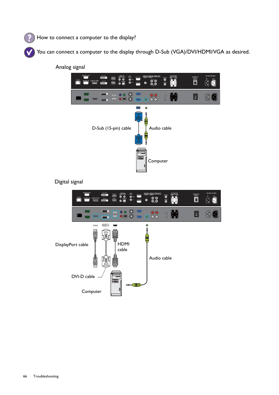 Analog signal, Digital signal, D-sub (15-pin) cable audio cable computer | BenQ RM8602K 86" Class 4K UHD Educational Touchscreen LED Display User Manual | Page 66 / 107
