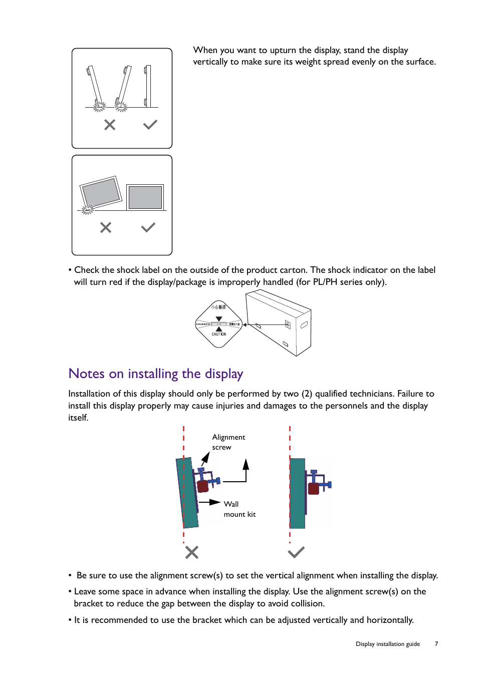 Notes on installing the display | BenQ RM8602K 86" Class 4K UHD Educational Touchscreen LED Display User Manual | Page 7 / 107