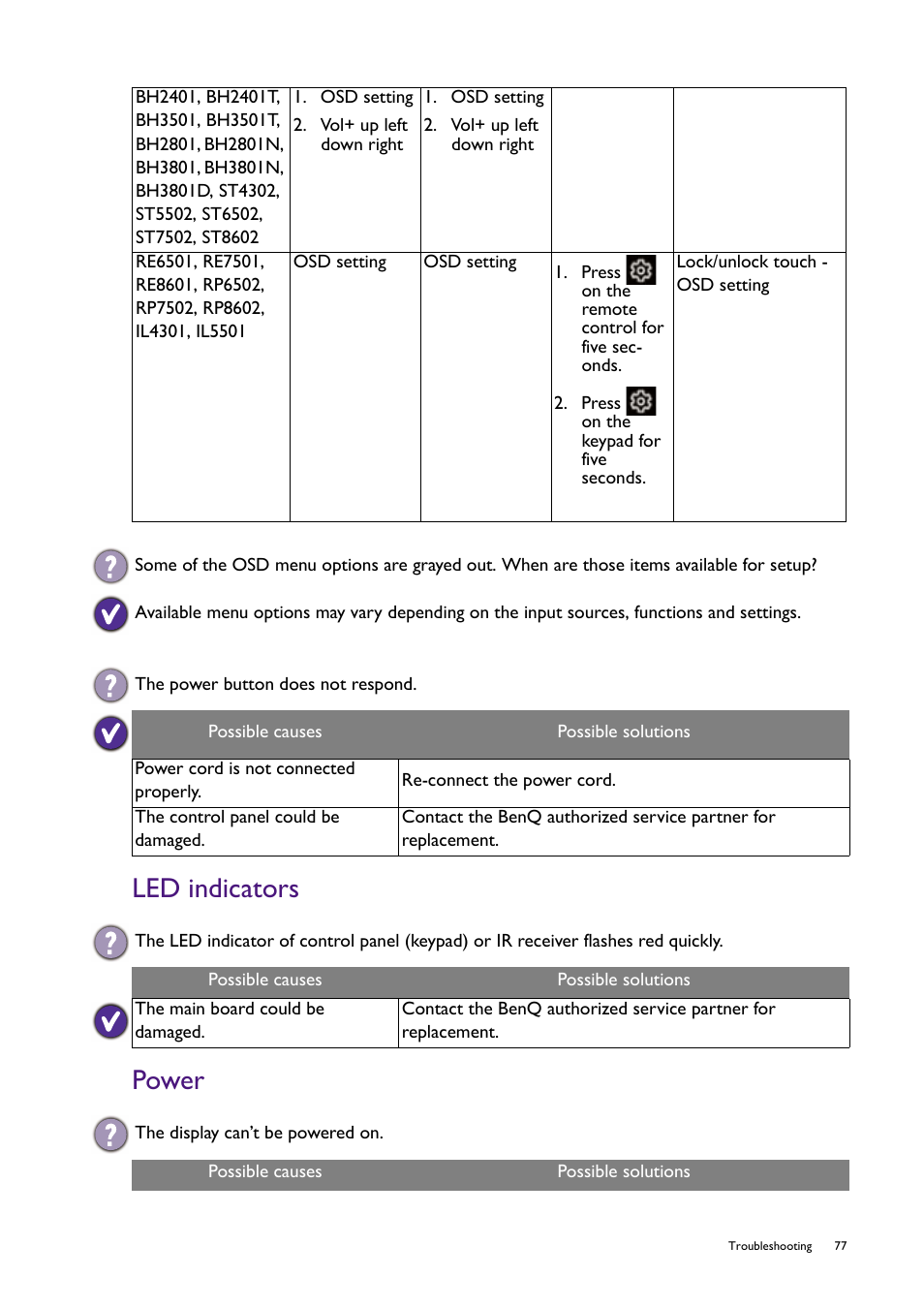 Led indicators, Power, Led indicators power | BenQ RM8602K 86" Class 4K UHD Educational Touchscreen LED Display User Manual | Page 77 / 107