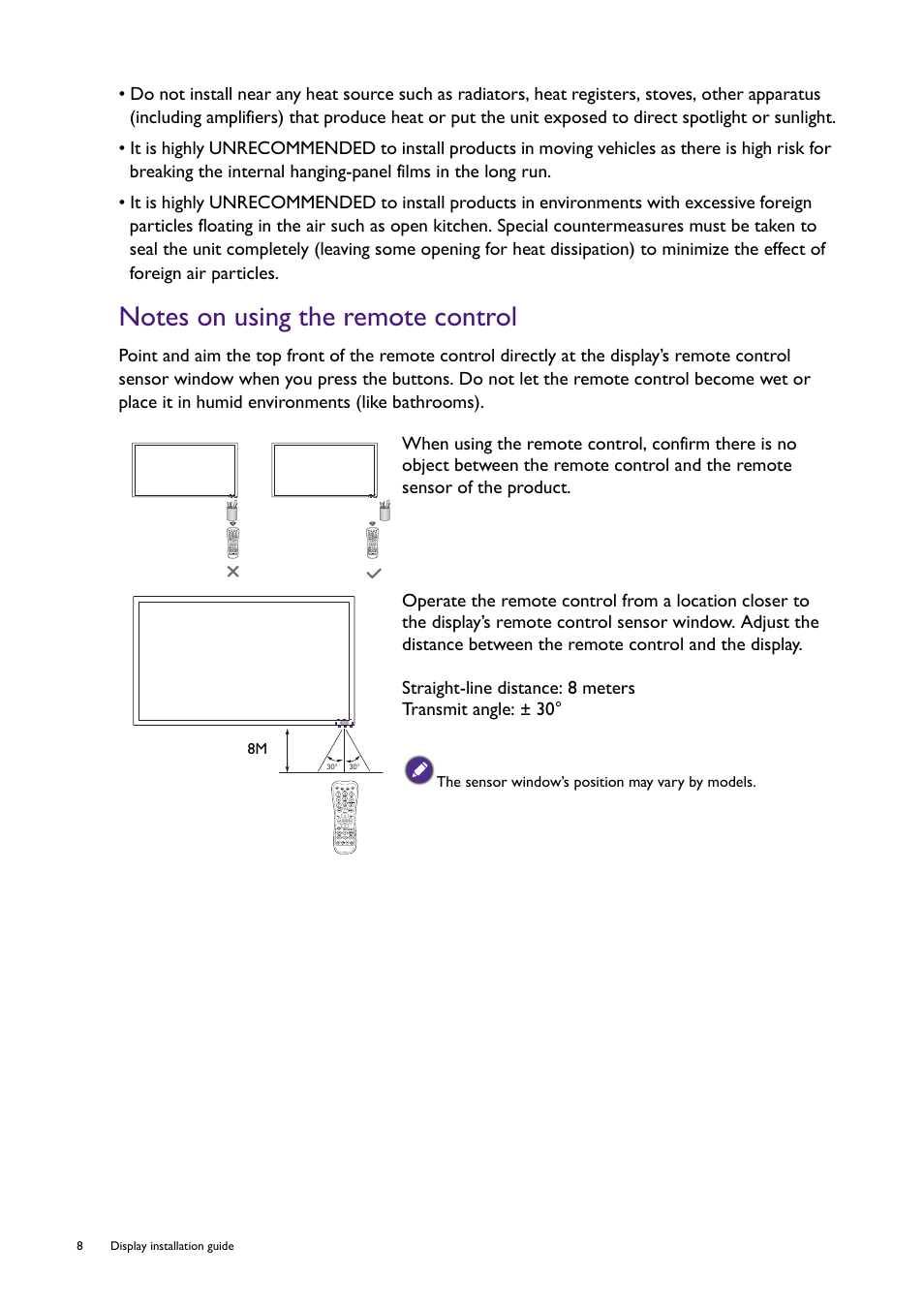 Notes on using the remote control | BenQ RM8602K 86" Class 4K UHD Educational Touchscreen LED Display User Manual | Page 8 / 107