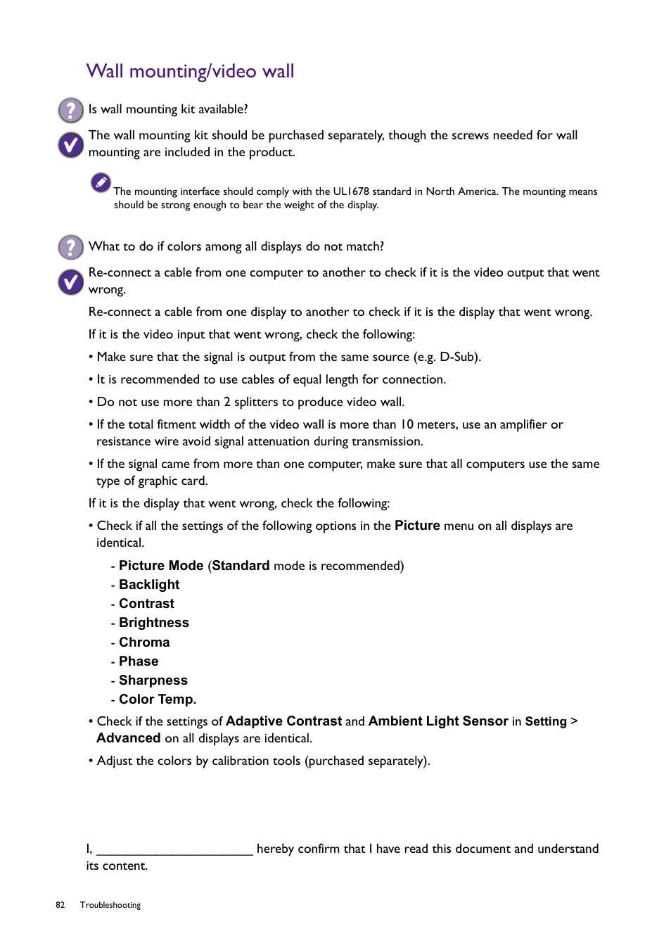 Wall mounting/video wall | BenQ RM8602K 86" Class 4K UHD Educational Touchscreen LED Display User Manual | Page 82 / 107