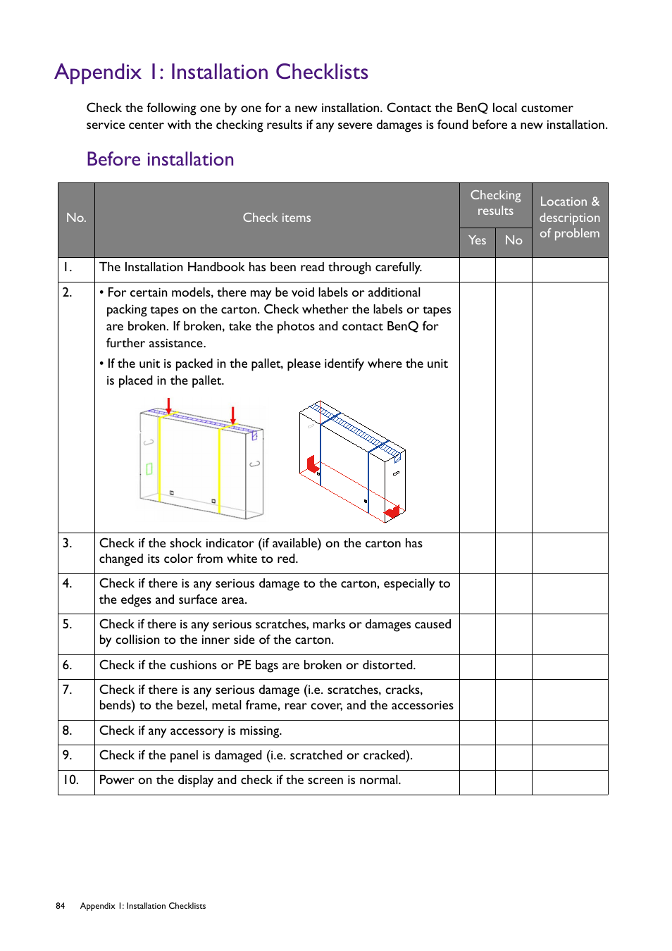 Appendix 1: installation checklists, Before installation | BenQ RM8602K 86" Class 4K UHD Educational Touchscreen LED Display User Manual | Page 84 / 107