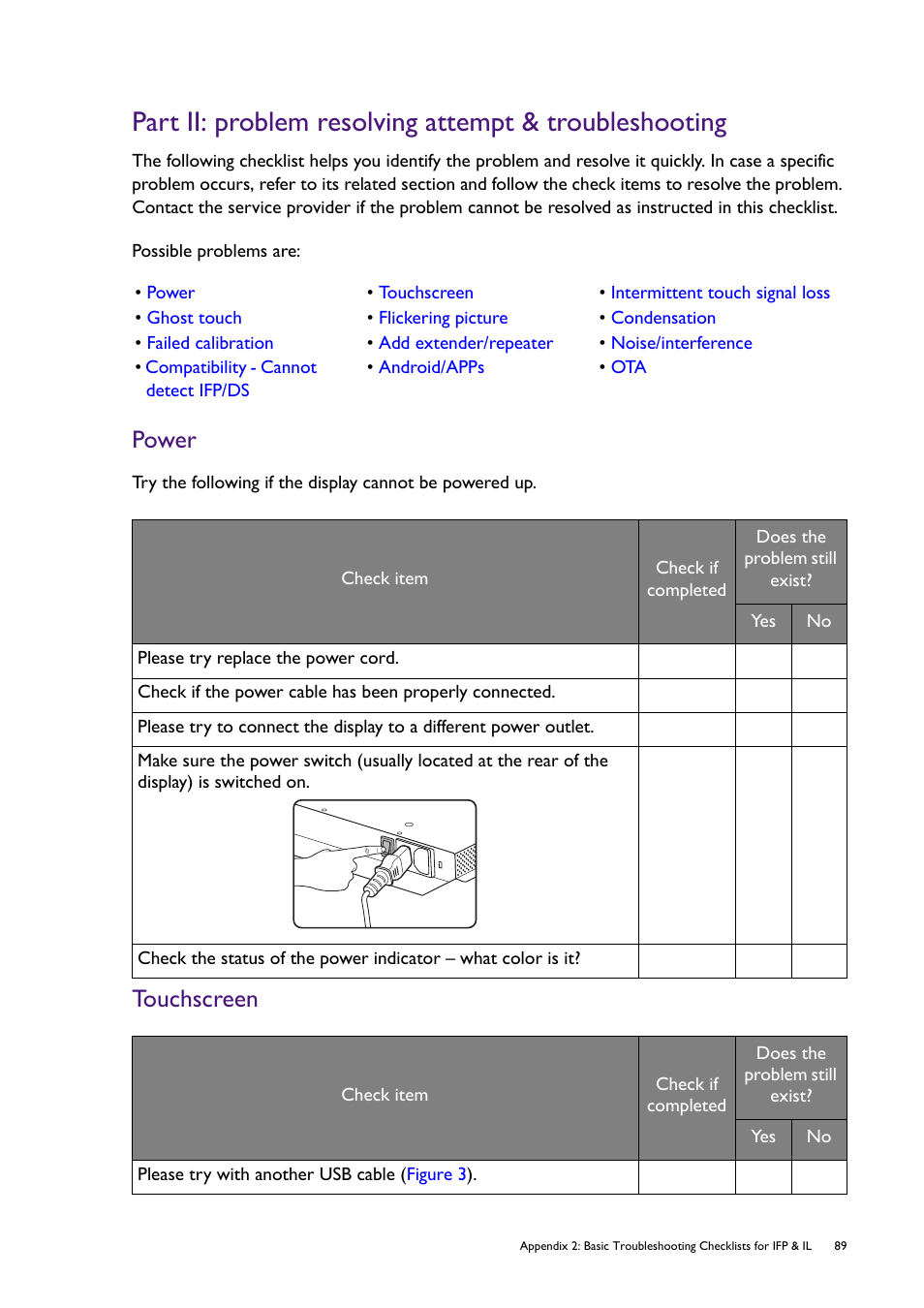 Power, Touchscreen | BenQ RM8602K 86" Class 4K UHD Educational Touchscreen LED Display User Manual | Page 89 / 107